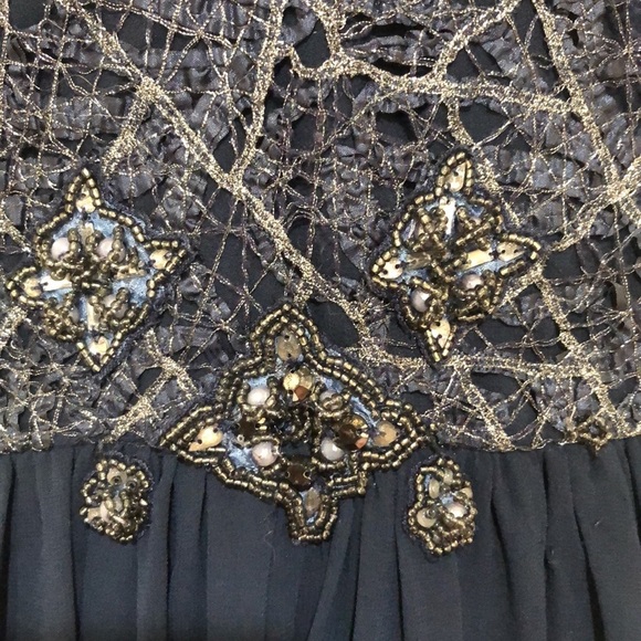 Badgley Mischka Formal Maxi Dress Size 12 Navy Blue Silver Spiderweb Beaded Gown - Picture 4 of 11